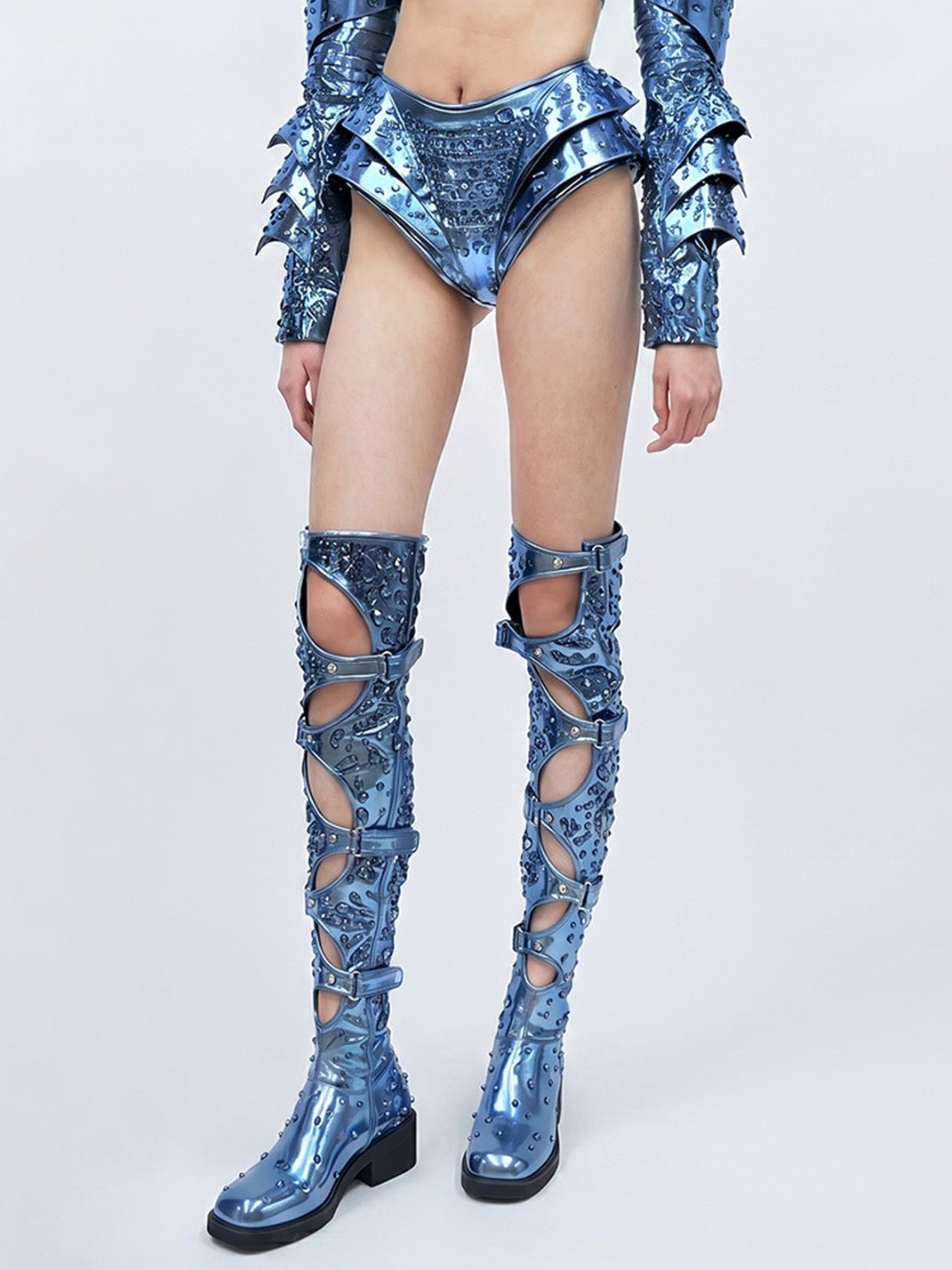 Blue Rhinestone Cutout Over-the-Knee Boots - View 2
