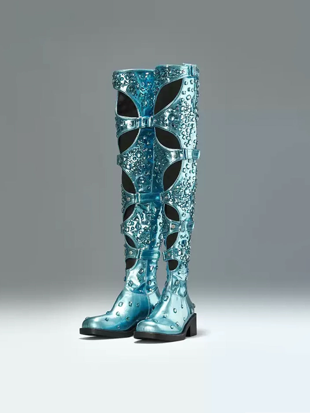 Blue Rhinestone Cutout Over-the-Knee Boots - View 5