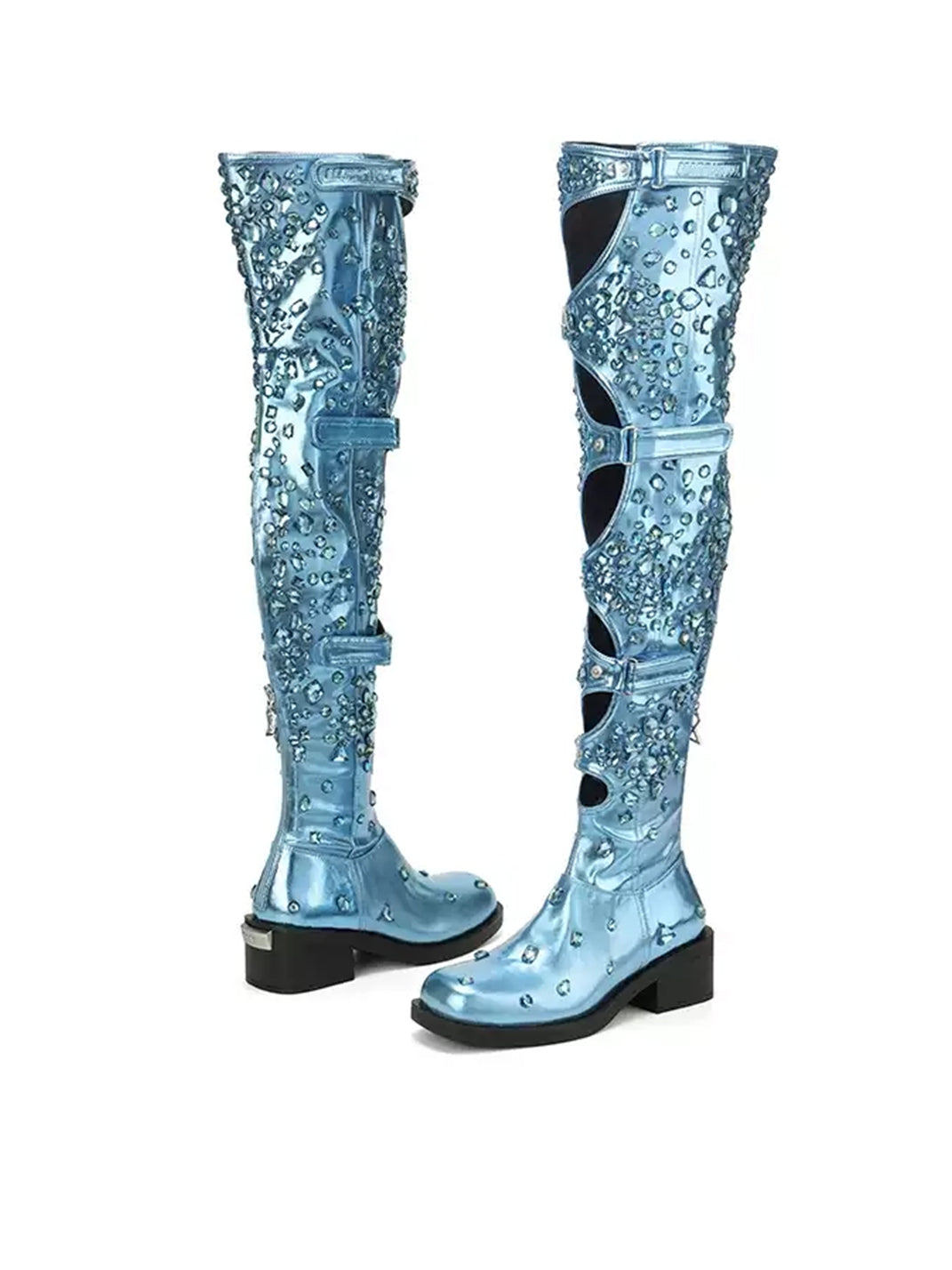 Blue Rhinestone Cutout Over-the-Knee Boots - View 6