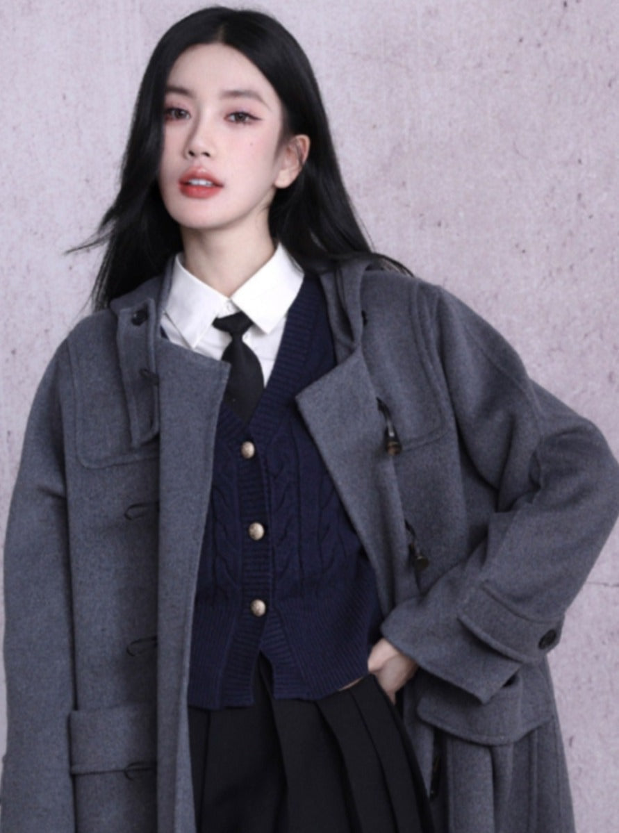 Classic Charcoal Duffle Coat - Long Wool Toggle Coat with Hood