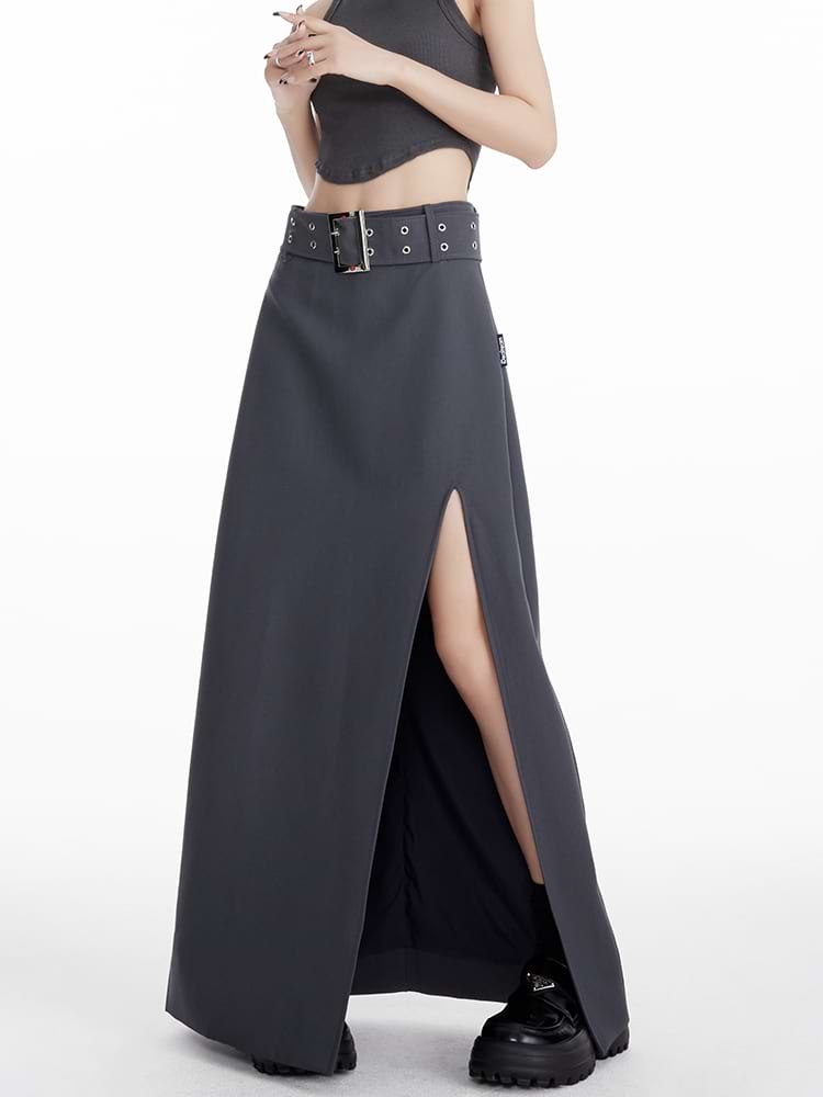 Maxi Skirt with Side Slit and Grommet Belt