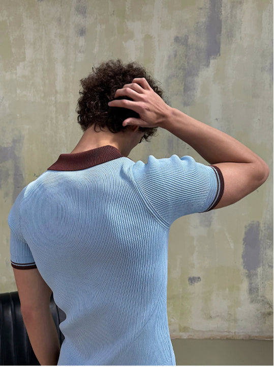 Retro Ribbed Polo Knit Light Blue