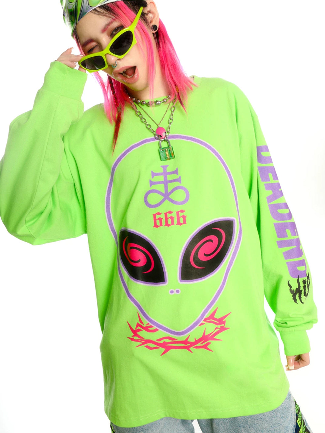 Neon Alien Graphic Oversized Sweatshirt - View 7