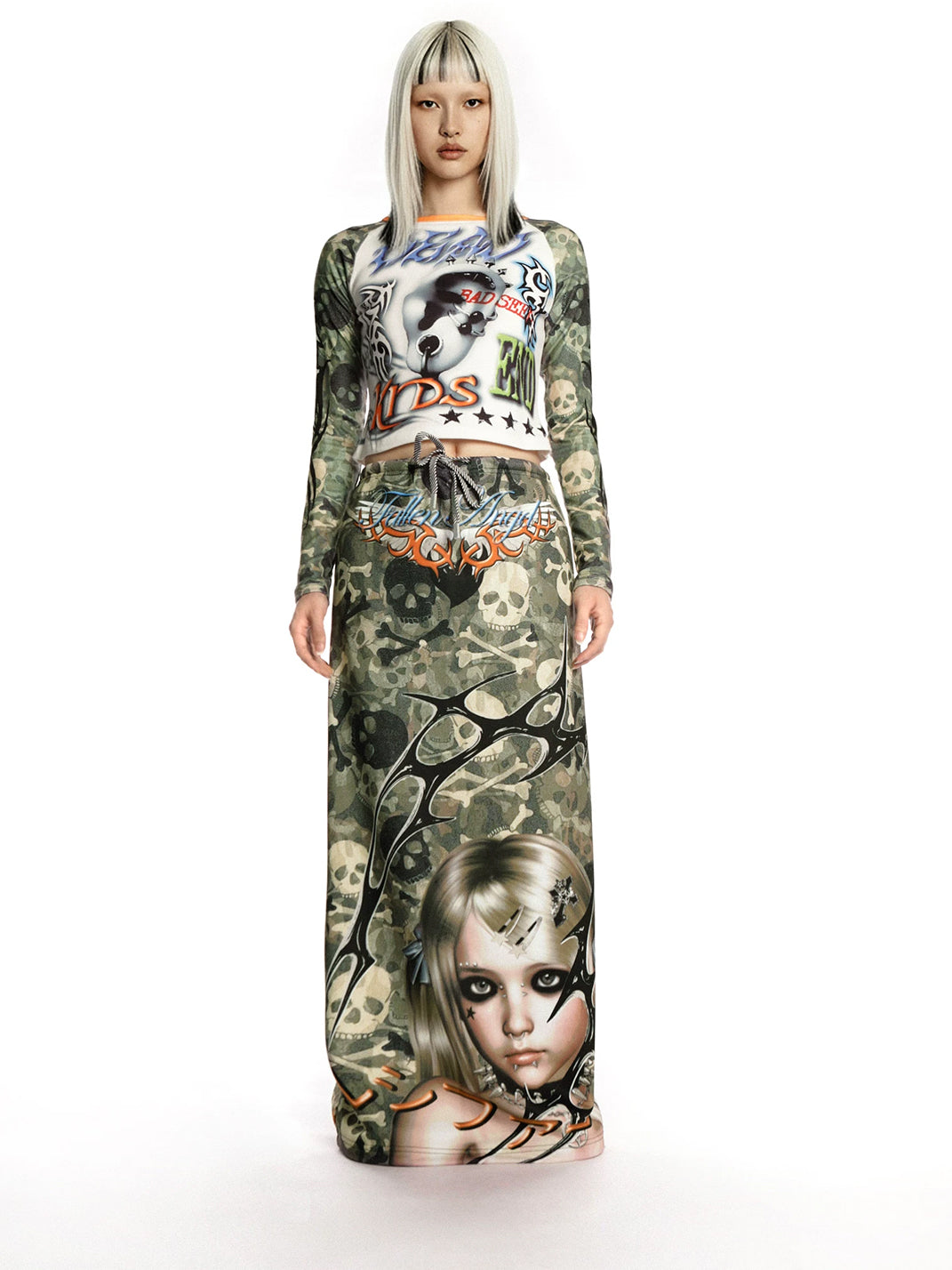 Skull Camouflage Drawstring Maxi Skirt - View 6