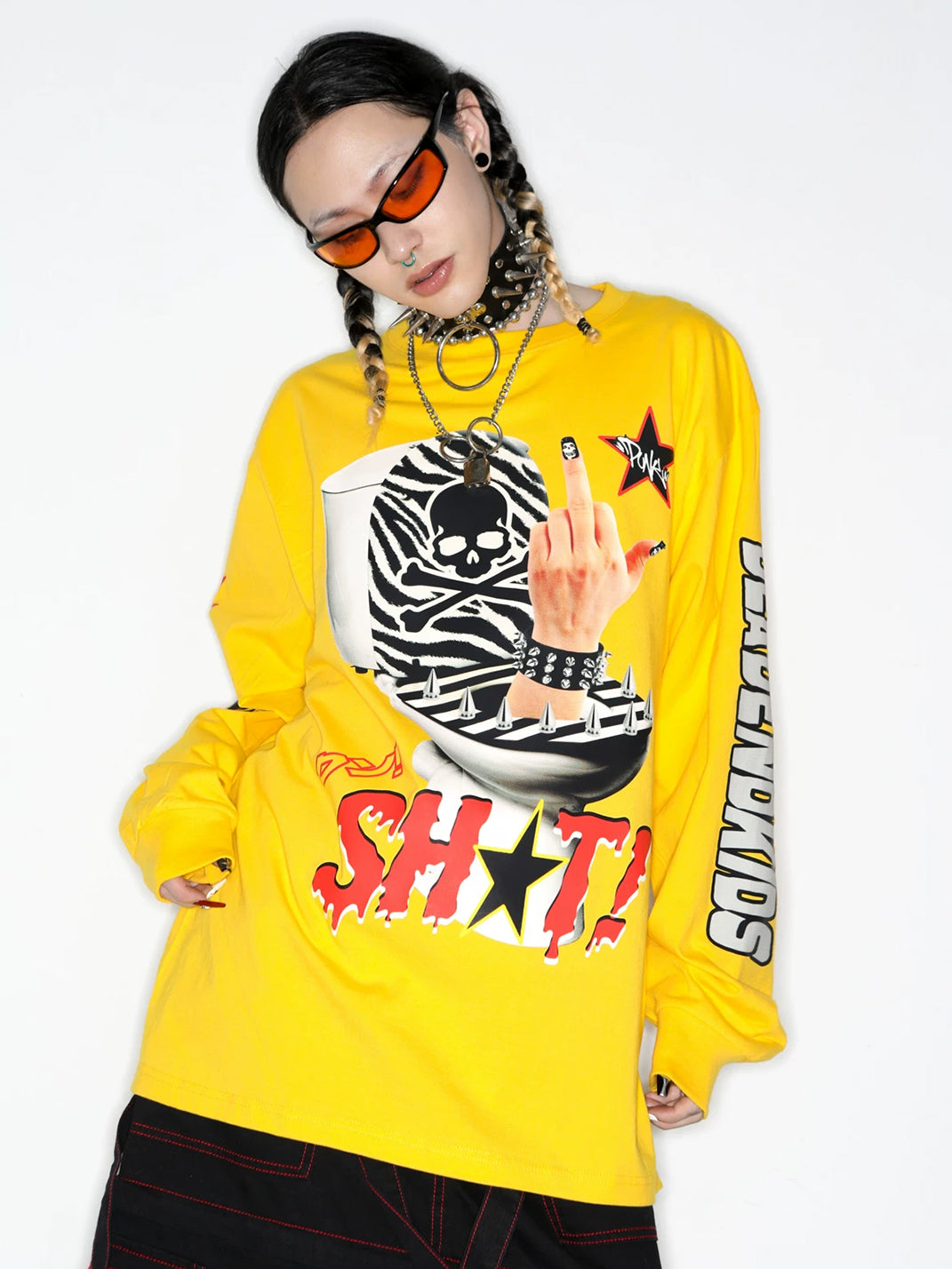 Punk Skull Graphic Oversized Long-Sleeve T-Shirt - View 9