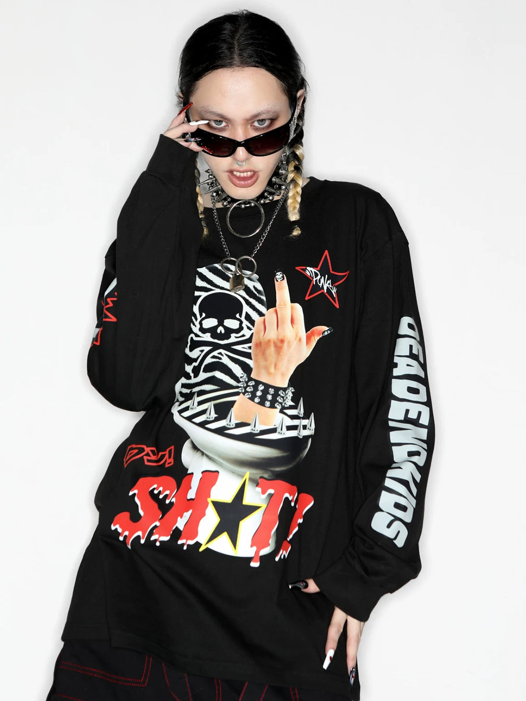 Punk Skull Graphic Oversized Long-Sleeve T-Shirt - View 12