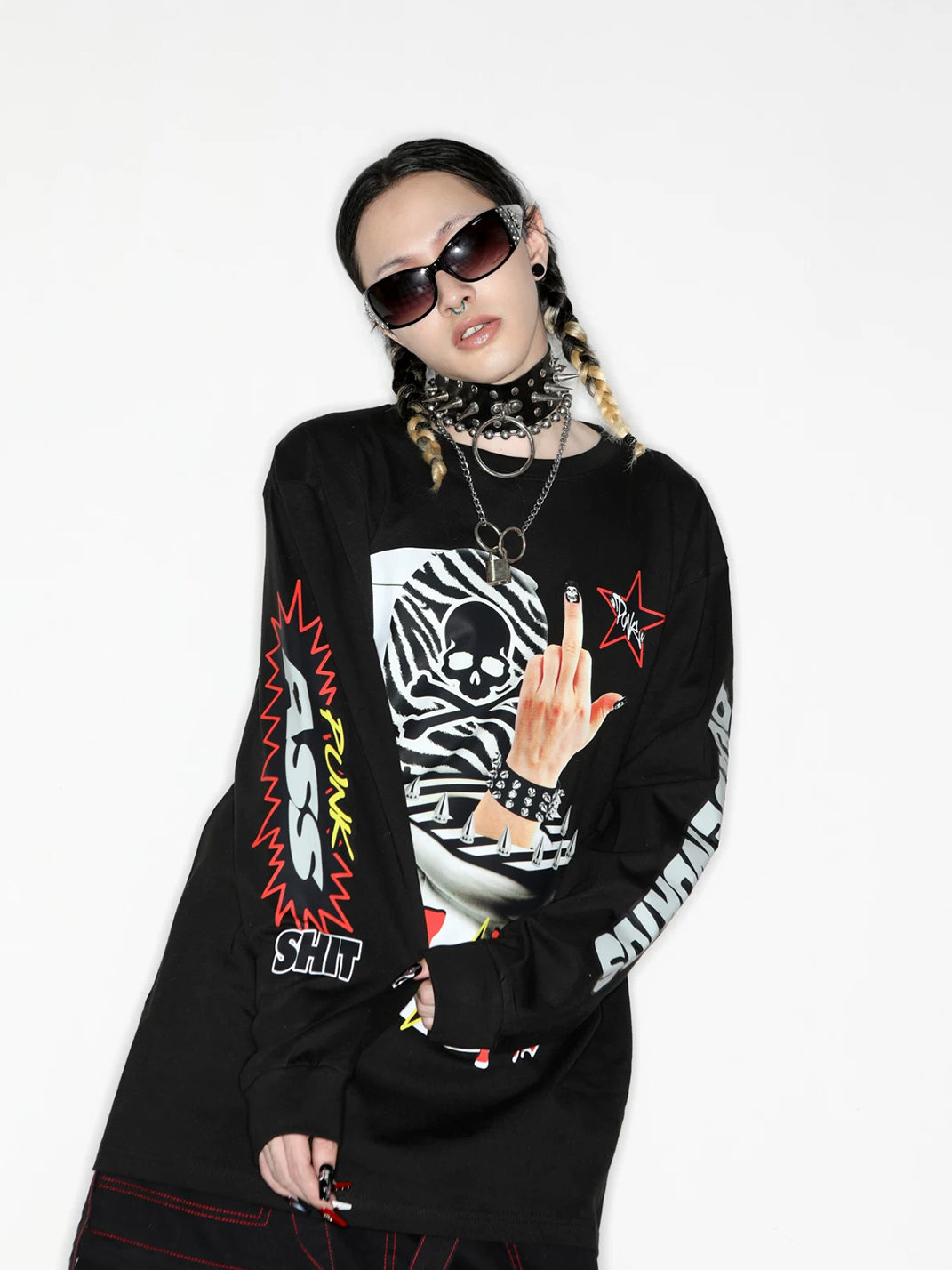 Punk Skull Graphic Oversized Long-Sleeve T-Shirt - View 13