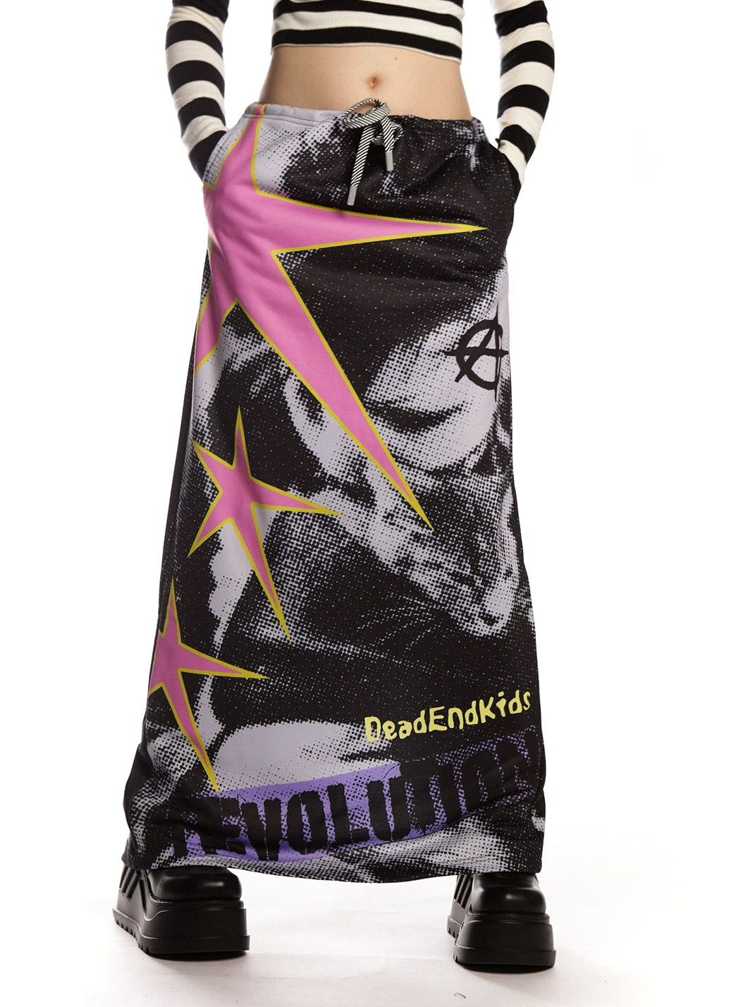 Punk Star Print Drawstring Maxi Skirt - View 3
