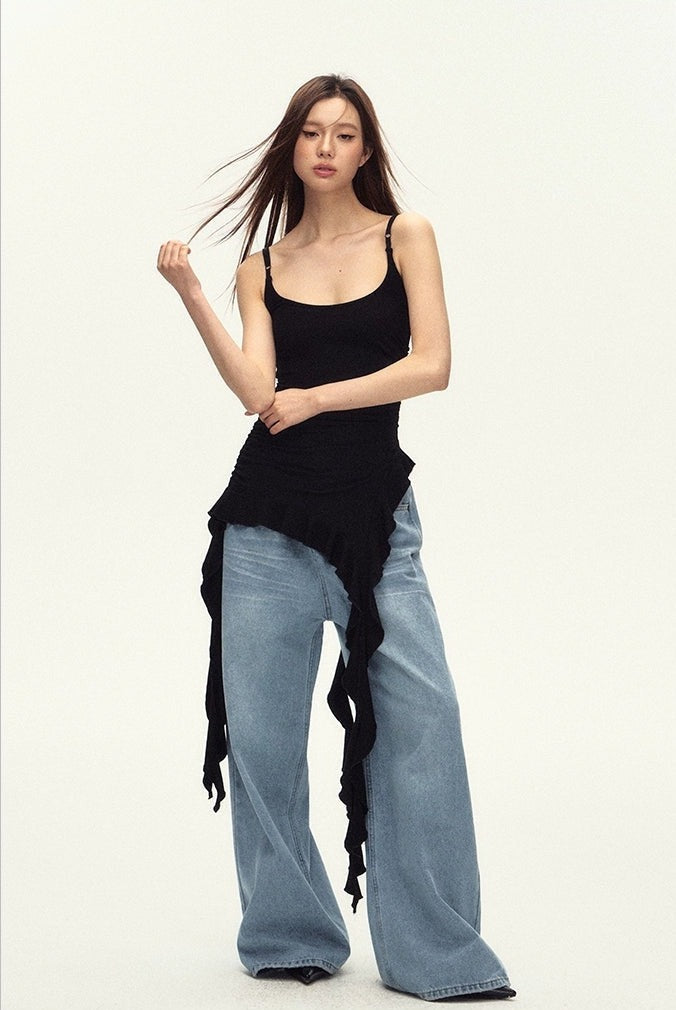 Ruched Asymmetric Black Cami Top