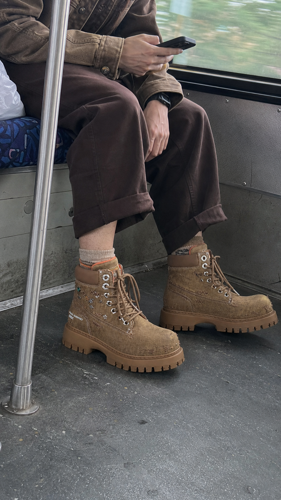 Denim Platform Combat Boots UGC bus candid