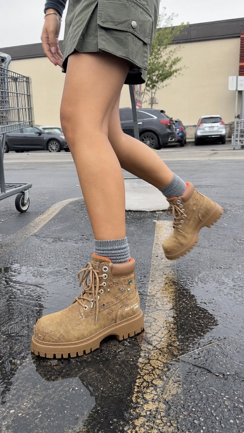 Denim Platform Combat Boots UGC rainy parking lot