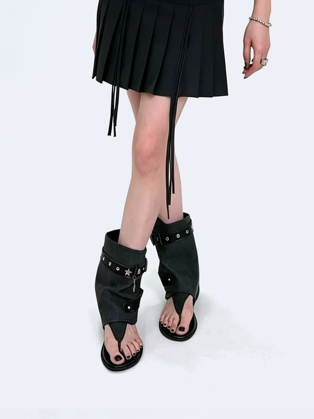 Denim Thong Buckle Ankle Sandal Boots - View 2