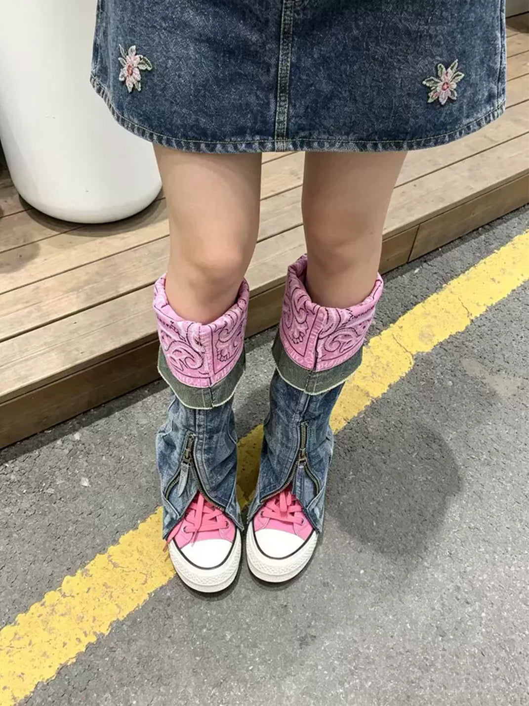 Detachable Denim-Shaft Colorblock Canvas Boots - view 2