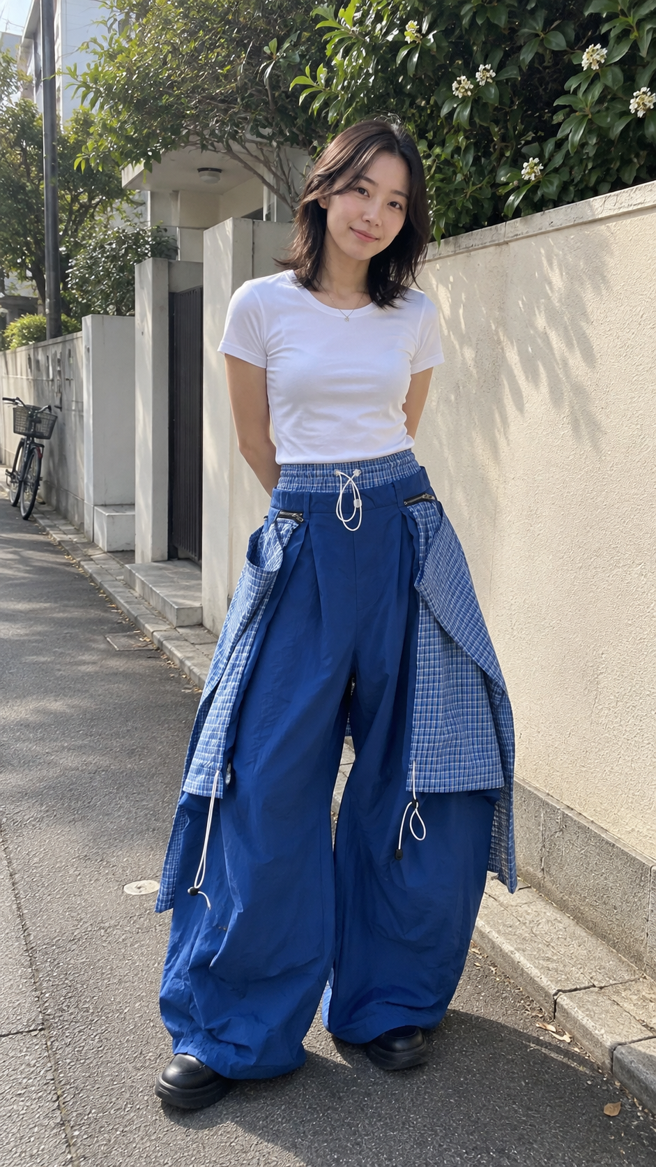 AI-styled look: Detachable Layered Balloon Parachute Pants, Blue — neighborhood sidewalk