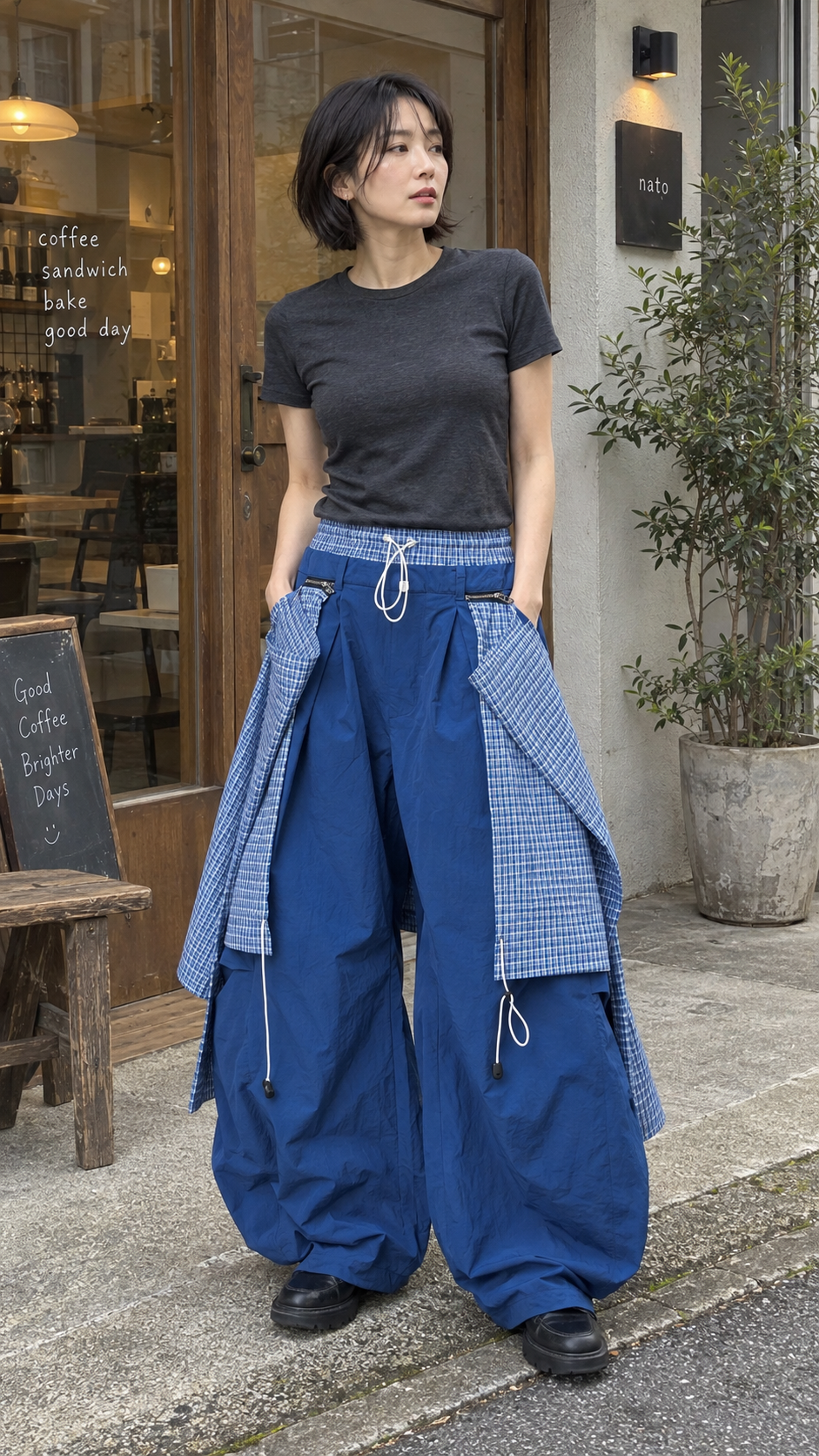 AI-styled look: Detachable Layered Balloon Parachute Pants, Blue — cafe exterior