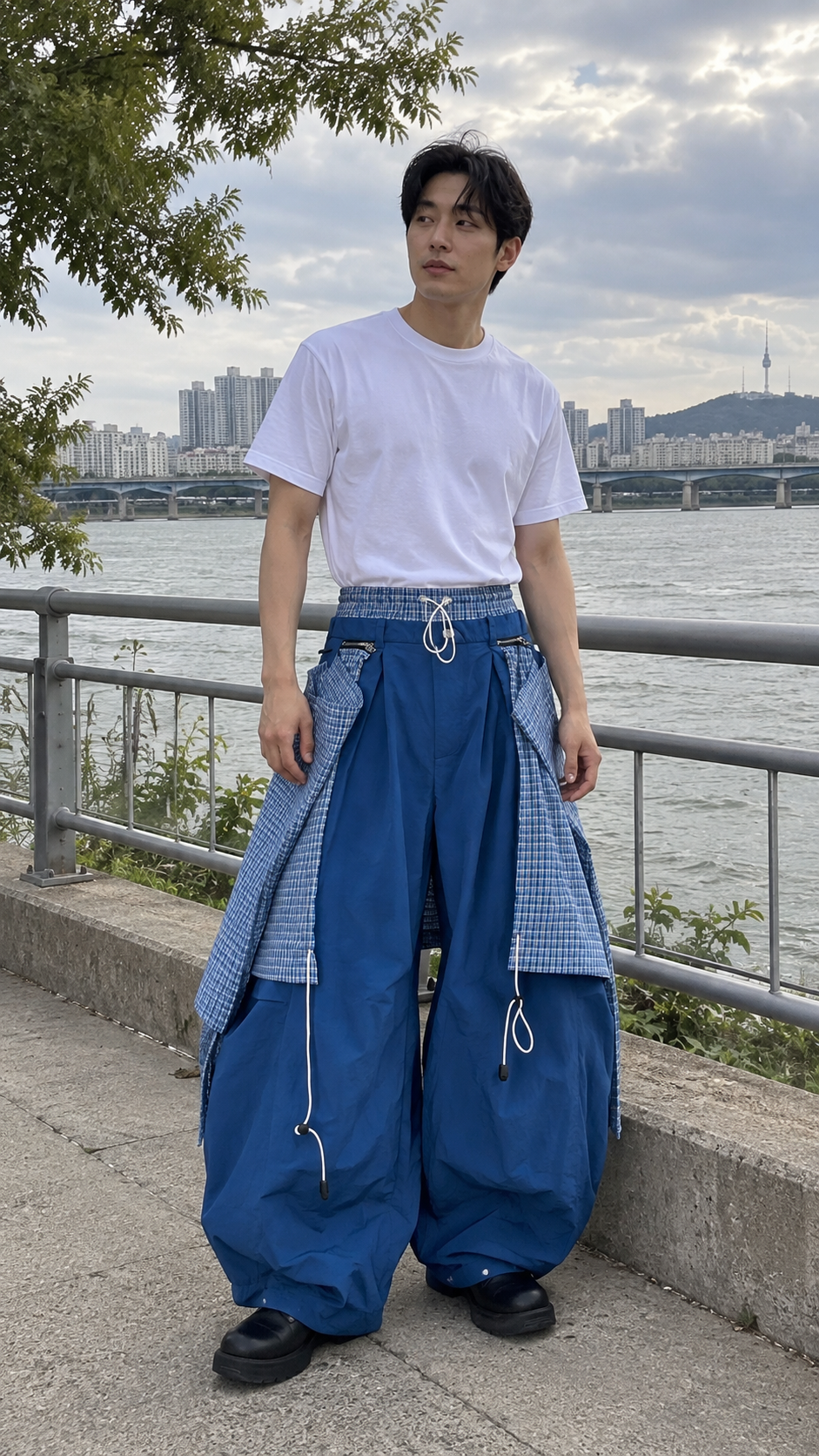 AI-styled look: Detachable Layered Balloon Parachute Pants, Blue — riverside path