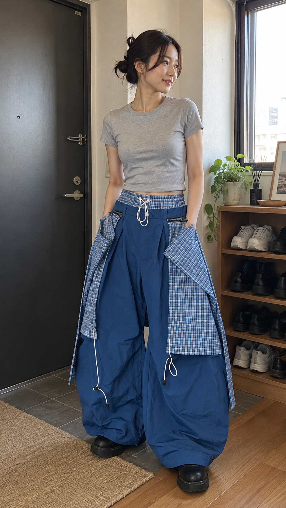 AI-styled look: Detachable Layered Balloon Parachute Pants, Blue — apartment entry