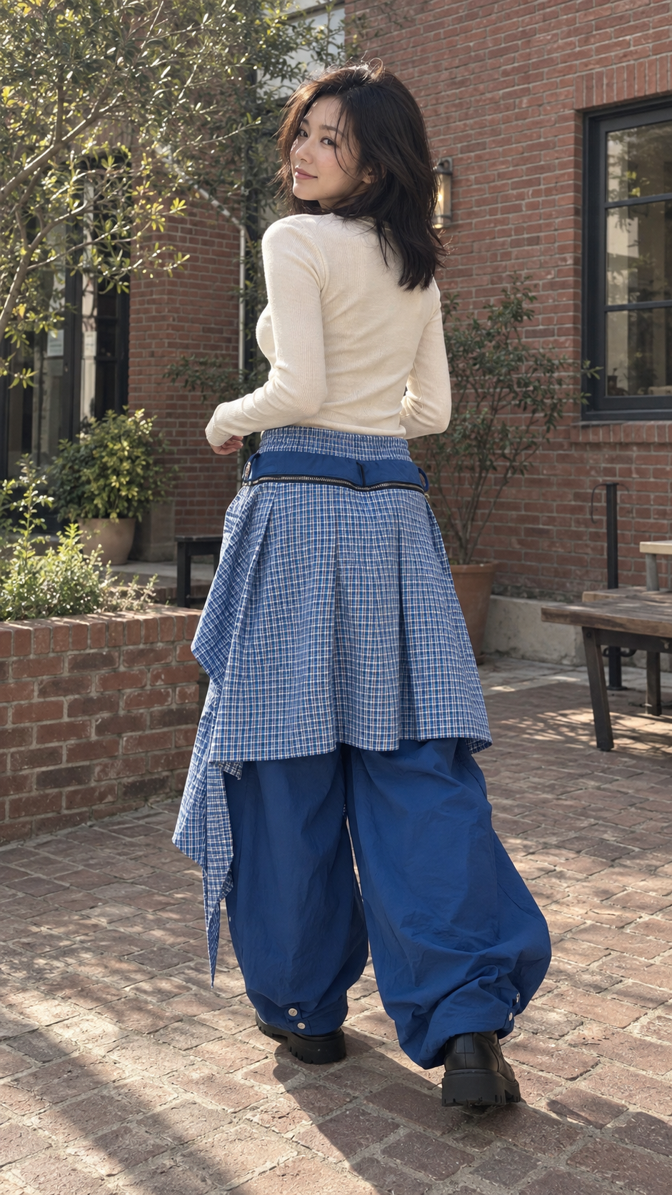 AI-styled look: Detachable Layered Balloon Parachute Pants, Blue — rear courtyard view