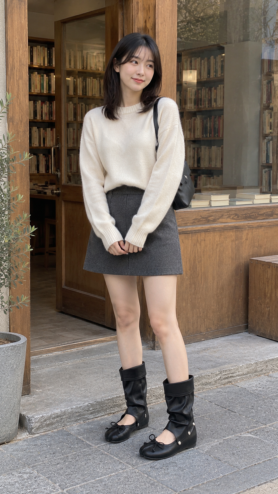 AI-generated styling image of Detachable Tabi Ballet Sandal Boots — Black · neighborhood stroll.