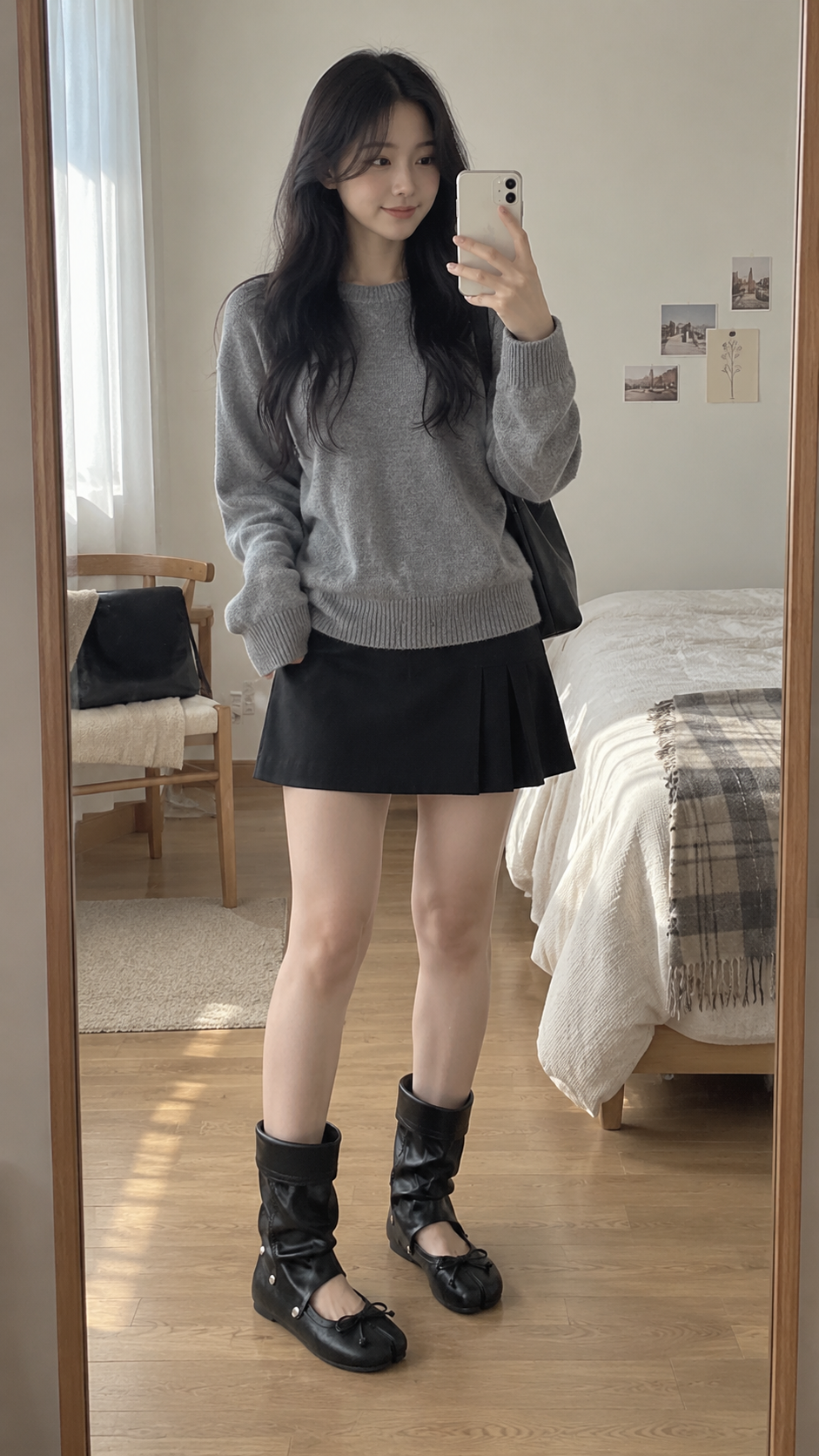 AI-generated styling image of Detachable Tabi Ballet Sandal Boots — Black · apartment mirror outfit.