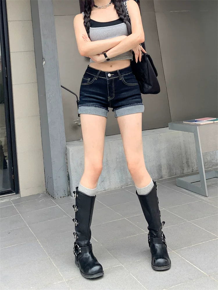 Dark-Wash Cuffed Denim Micro Shorts product view 1