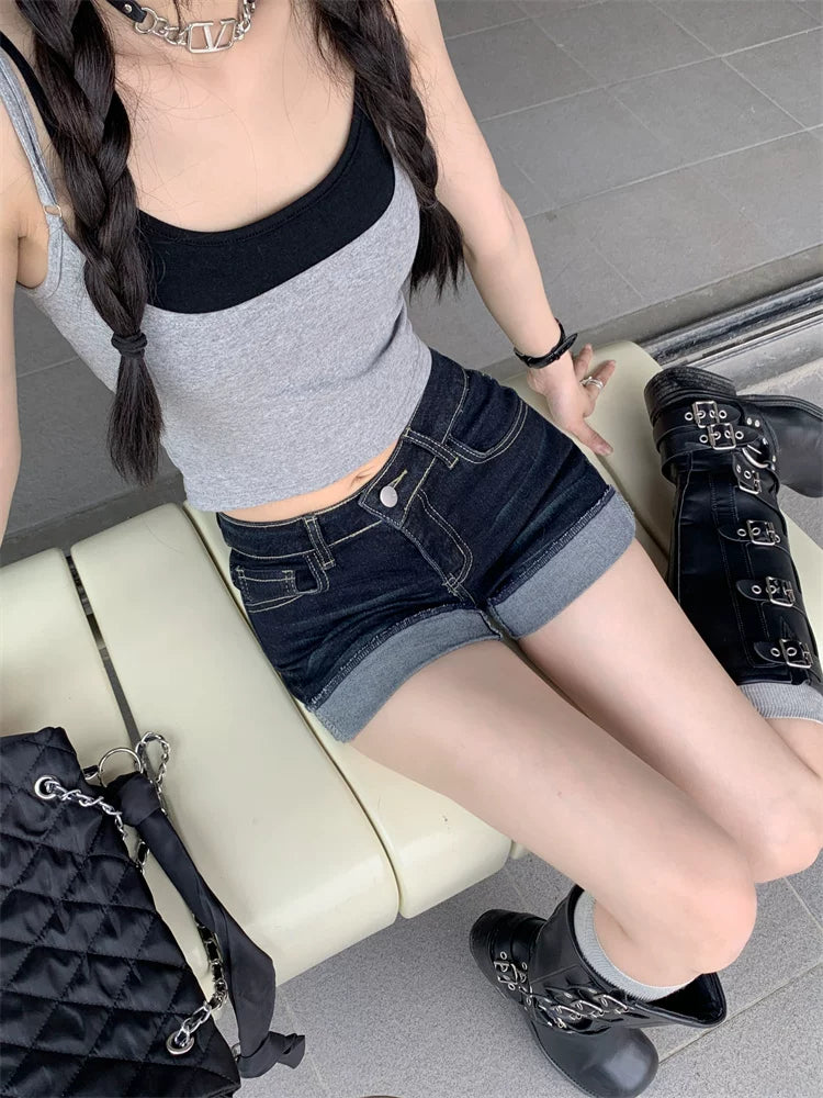 Dark-Wash Cuffed Denim Micro Shorts product view 2