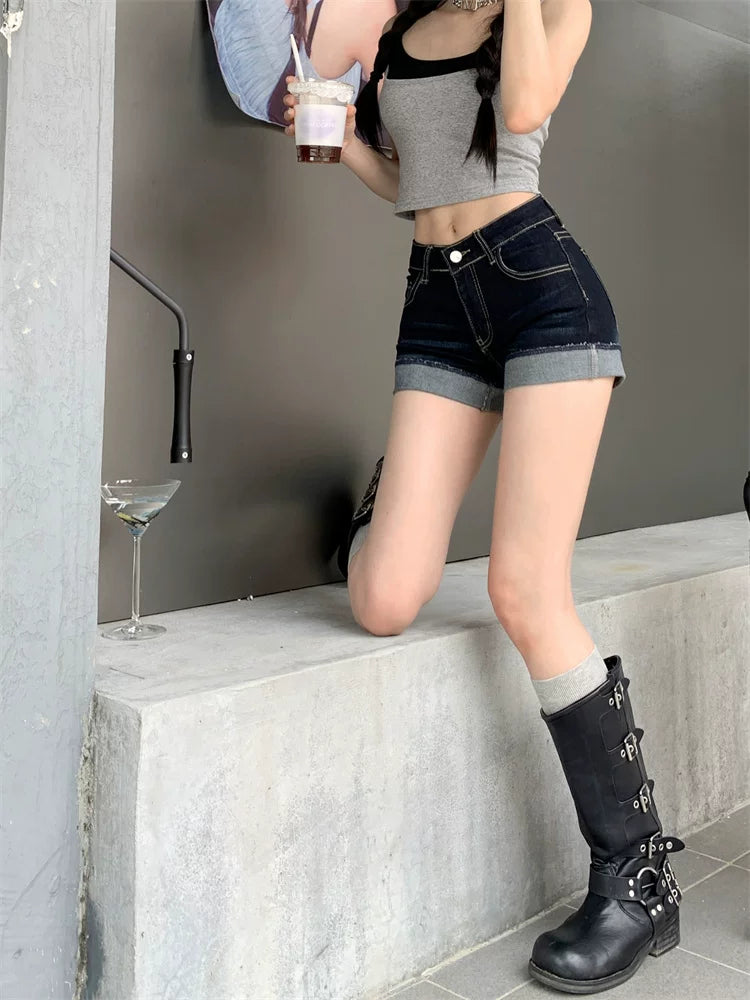 Dark-Wash Cuffed Denim Micro Shorts product view 4