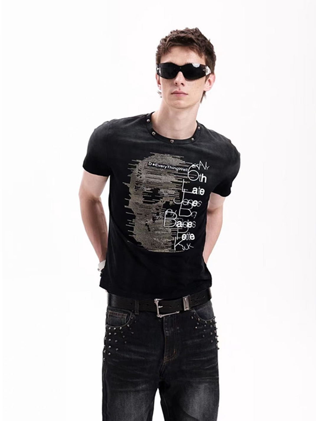 Beaded Rhinestone Heavy-Wash T-Shirt - View 2