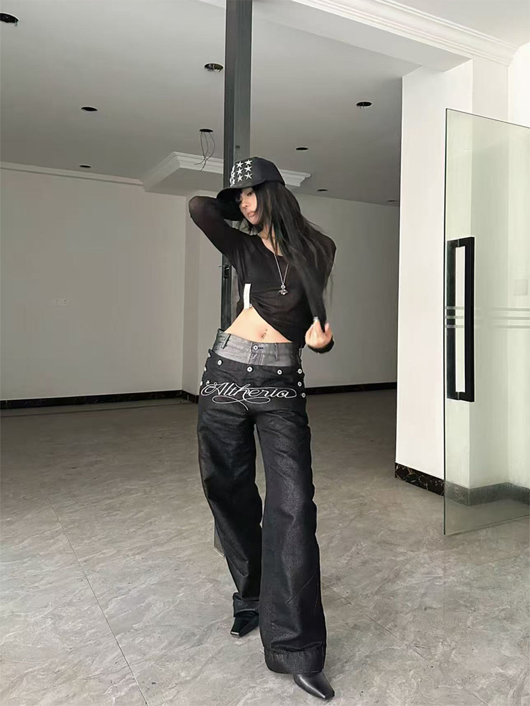Waxed Double-Waist Patchwork Jeans - View 2