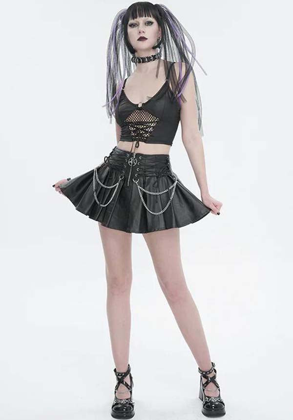 Devil Fashion Gothic Punk Pleated Mini Skirt - Black Faux Leather with Corset Lacing, Zipper Front, and Chain Accents