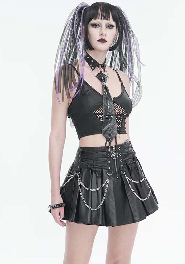 Devil Fashion Gothic Punk Pleated Mini Skirt - Black Faux Leather with Corset Lacing, Zipper Front, and Chain Accents