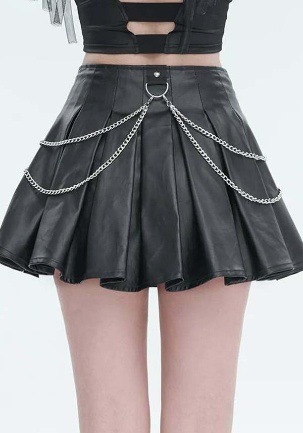 Devil Fashion Gothic Punk Pleated Mini Skirt - Black Faux Leather with Corset Lacing, Zipper Front, and Chain Accents