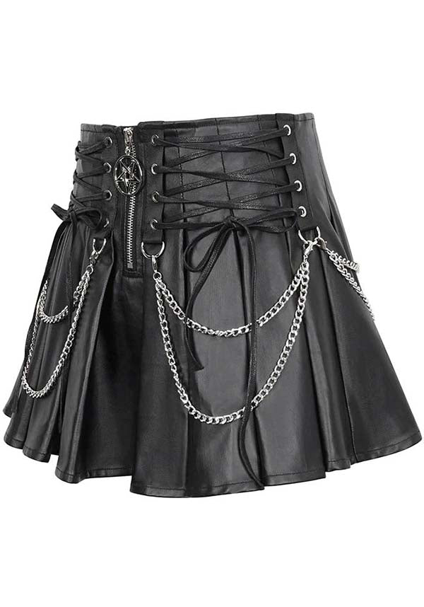 Devil Fashion Gothic Punk Pleated Mini Skirt - Black Faux Leather with Corset Lacing, Zipper Front, and Chain Accents