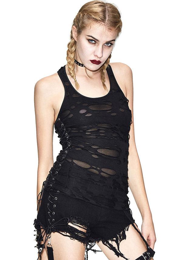 Devil Fashion Grunge Punk Distressed Tank Top - Black with Side Lace-Up and Ripped Details