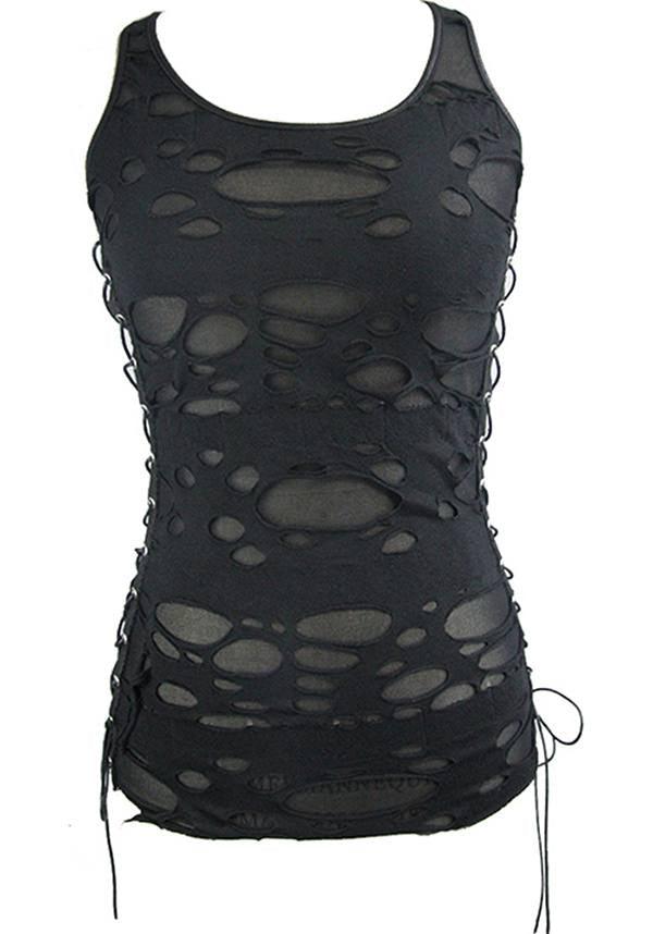 Devil Fashion Grunge Punk Distressed Tank Top - Black with Side Lace-Up and Ripped Details