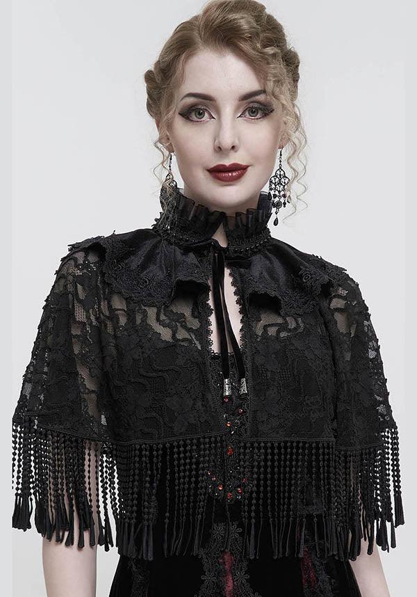 Devil Fashion Gothic Victorian Lace Capelet - Black with Fringe and Ruffled Collar (Women's)