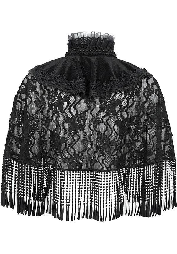 Devil Fashion Gothic Victorian Lace Capelet - Black with Fringe and Ruffled Collar (Women's)