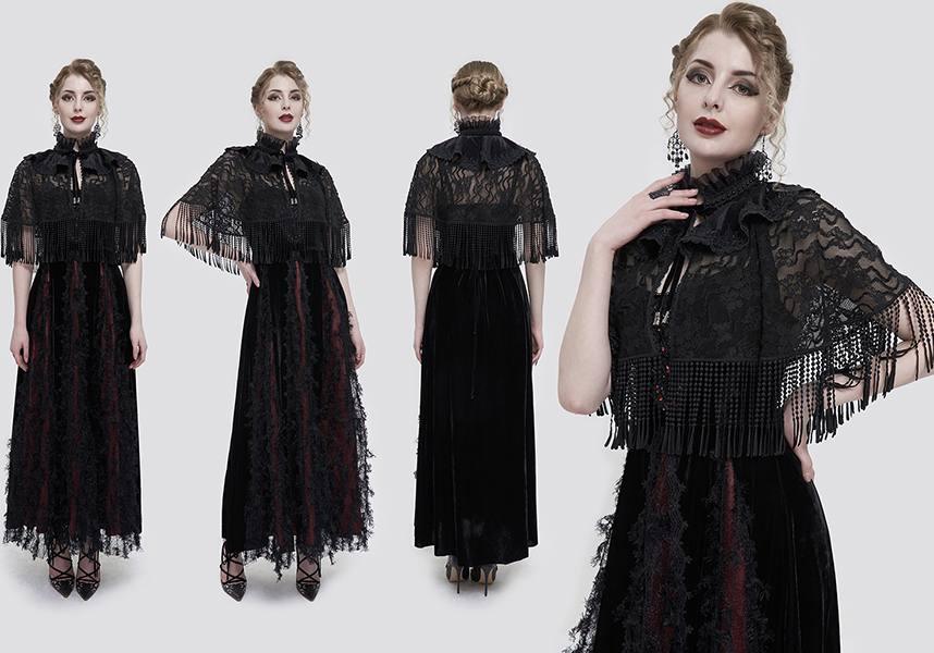 Devil Fashion Gothic Victorian Lace Capelet - Black with Fringe and Ruffled Collar (Women's)