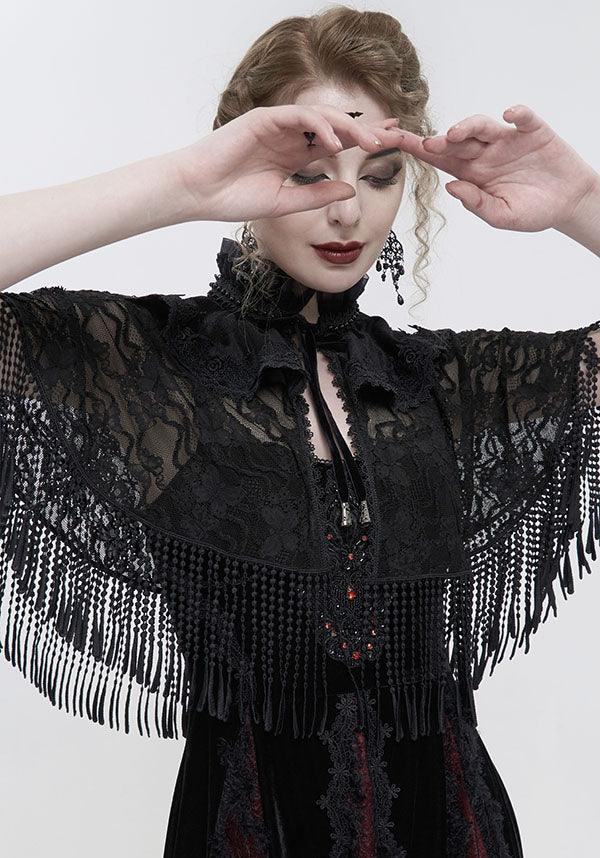 Devil Fashion Gothic Victorian Lace Capelet - Black with Fringe and Ruffled Collar (Women's)