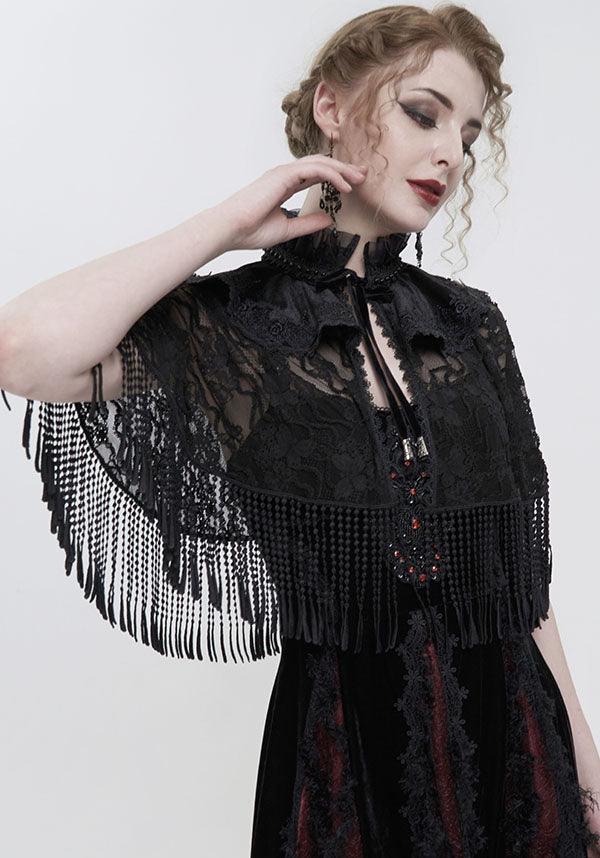 Devil Fashion Gothic Victorian Lace Capelet - Black with Fringe and Ruffled Collar (Women's)