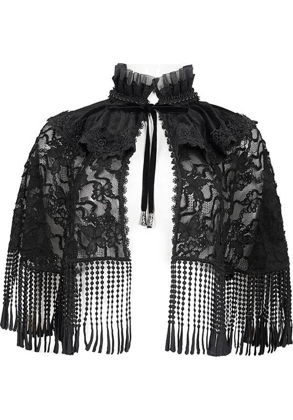 Devil Fashion Gothic Victorian Lace Capelet - Black with Fringe and Ruffled Collar (Women's)