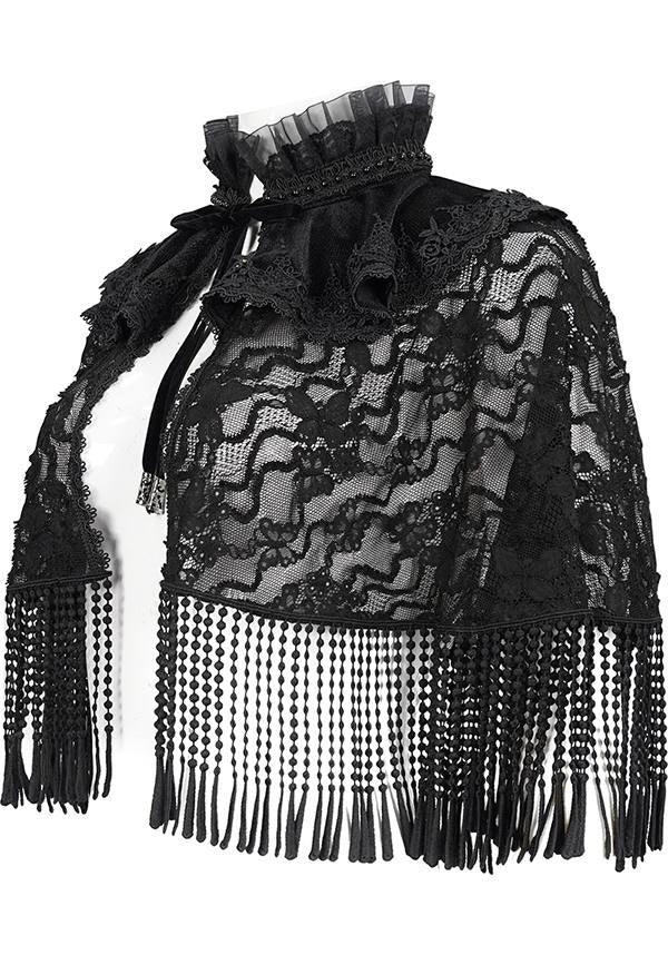 Devil Fashion Gothic Victorian Lace Capelet - Black with Fringe and Ruffled Collar (Women's)