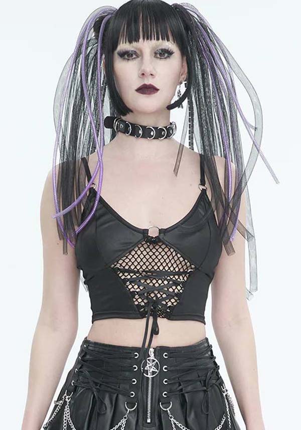 Devil Fashion Gothic Punk Crop Top - Black Leather with Fishnet Insert and O-Ring Detail (Women's)