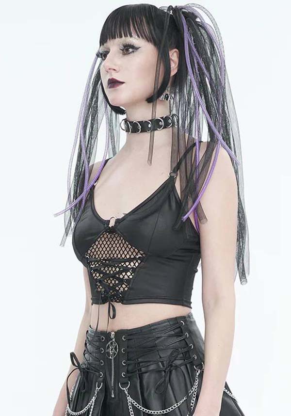 Devil Fashion Gothic Punk Crop Top - Black Leather with Fishnet Insert and O-Ring Detail (Women's)