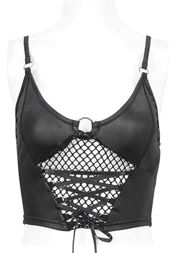 Devil Fashion Gothic Punk Crop Top - Black Leather with Fishnet Insert and O-Ring Detail (Women's)