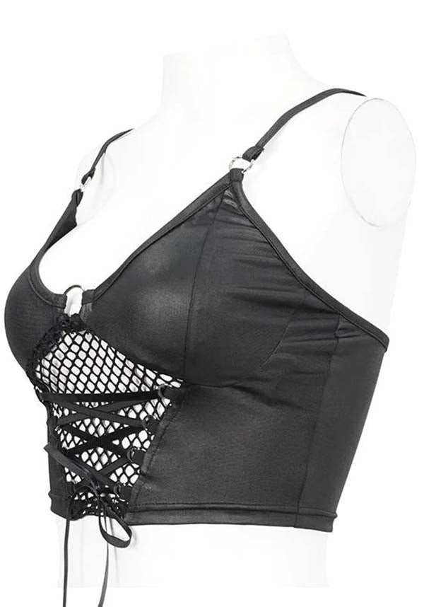 Devil Fashion Gothic Punk Crop Top - Black Leather with Fishnet Insert and O-Ring Detail (Women's)