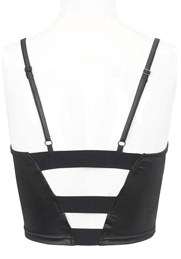 Devil Fashion Gothic Punk Crop Top - Black Leather with Fishnet Insert and O-Ring Detail (Women's)