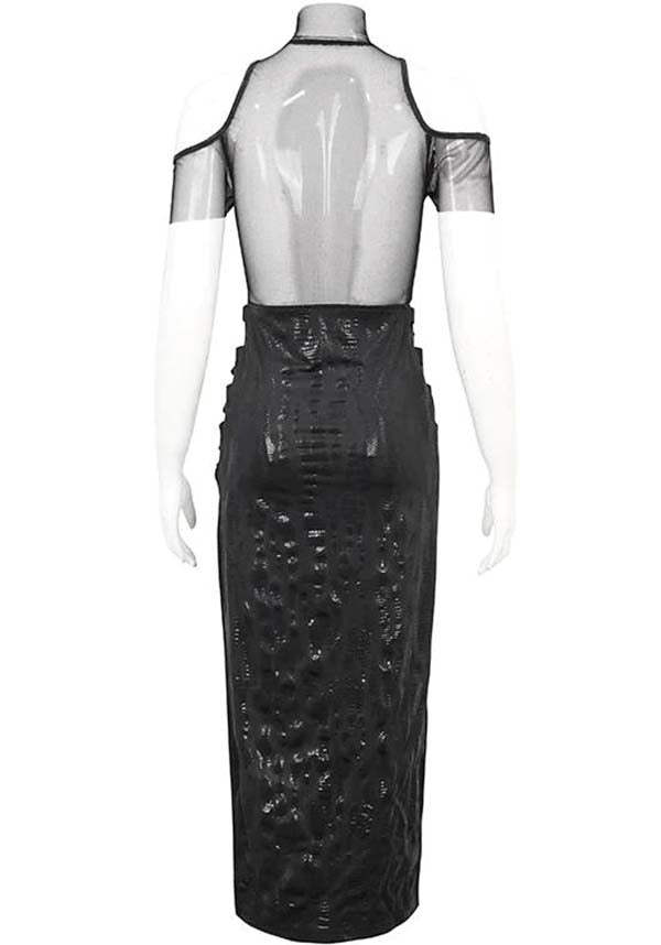 Devil Fashion Gothic Punk Maxi Dress - Black with Mesh Insert and Side Slit (Women's)