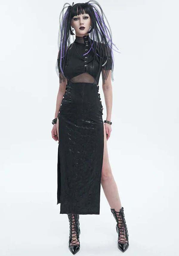 Devil Fashion Gothic Punk Maxi Dress - Black with Mesh Insert and Side Slit (Women's)