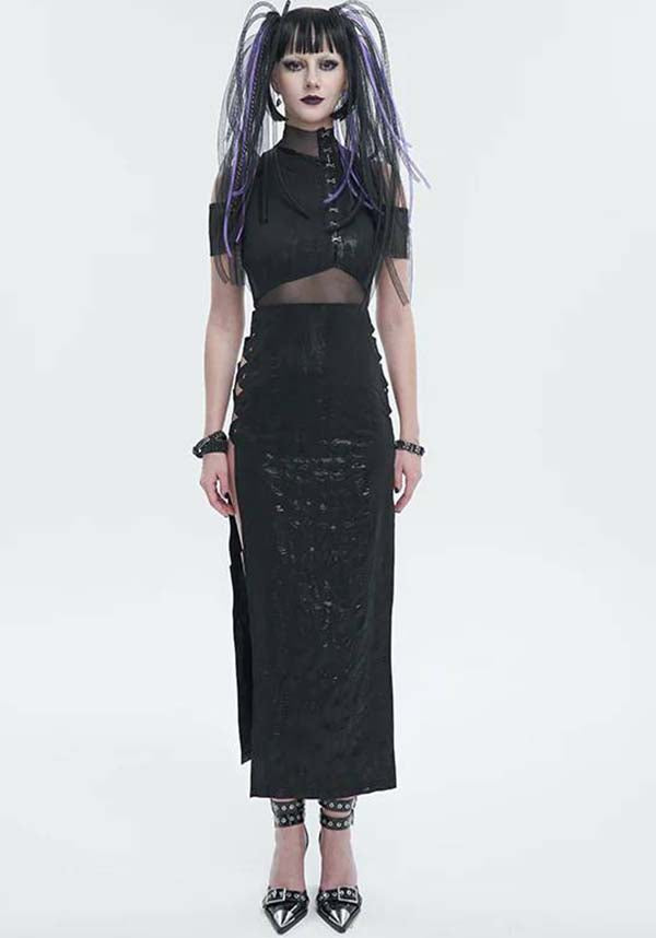 Devil Fashion Gothic Punk Maxi Dress - Black with Mesh Insert and Side Slit (Women's)